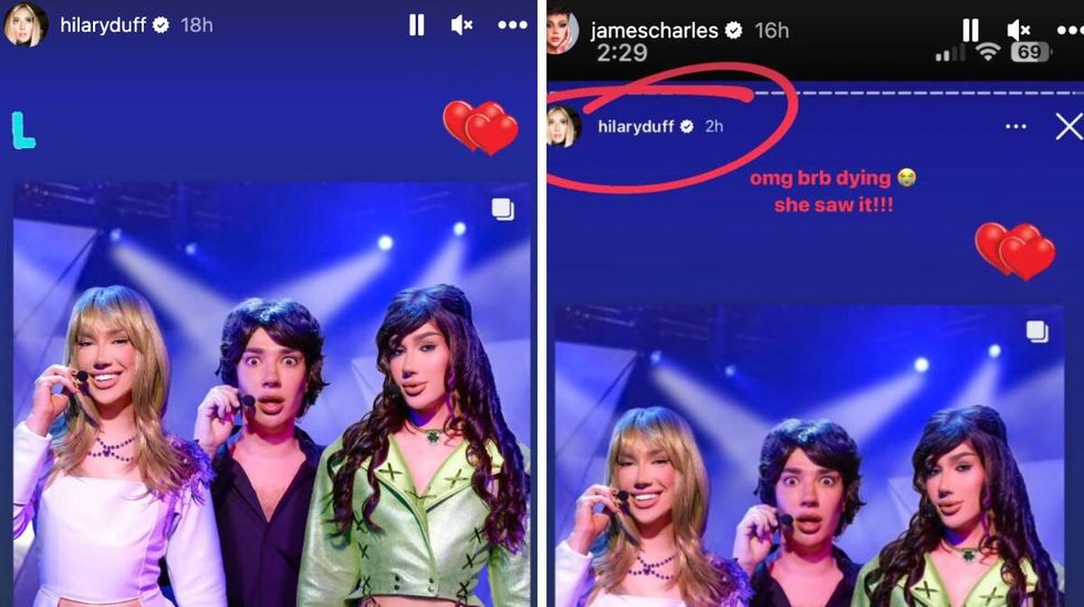 Actress Hilary Duff Instagram story about James Charles's Lizzie McGuire costume. James Charles sharing Hilary Duff's Instagram story.