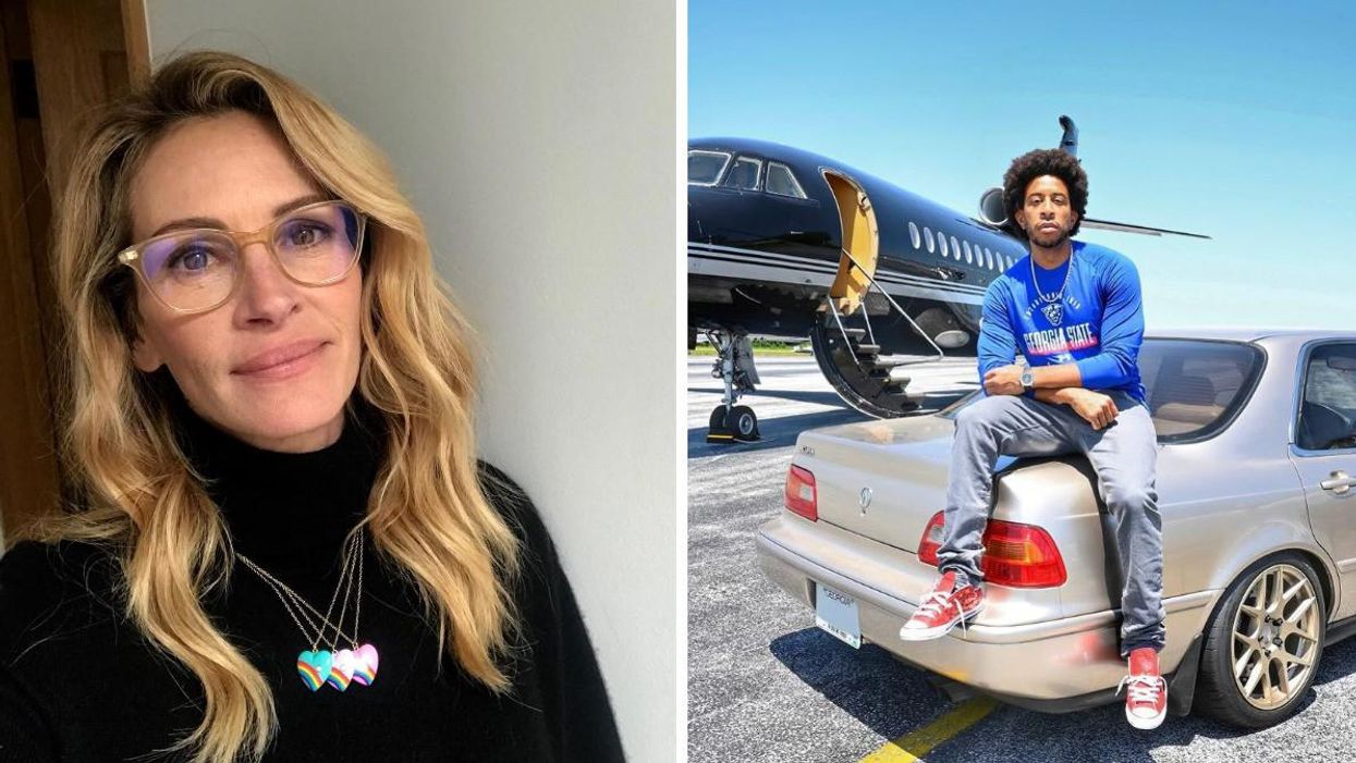 Actress, Julia Roberts, poses for a selfie. Right: Ludacris in front of a jet in a GSU shirt.