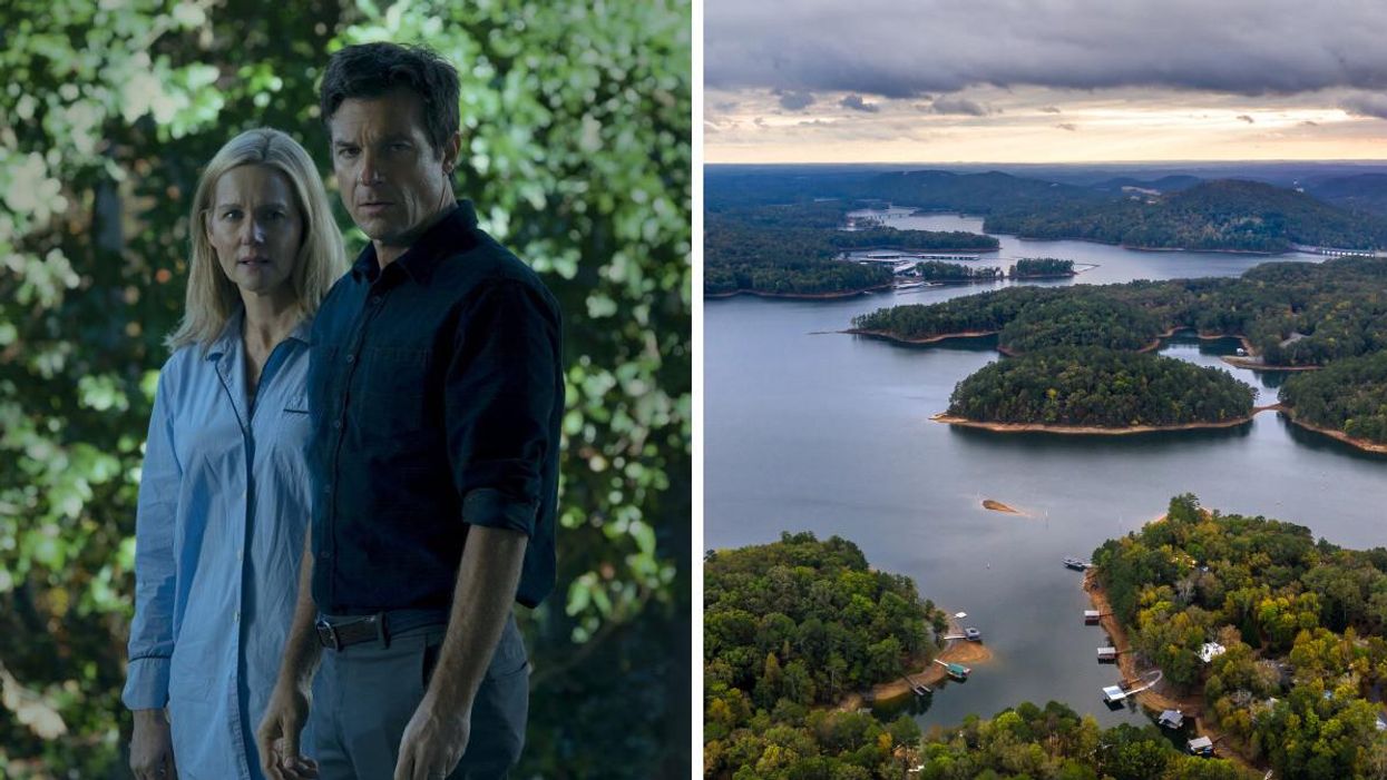Actress Laura Linney and actor Jason Bateman in Ozark. Right: An aerial shot of Lake Allatoona in Georgia.