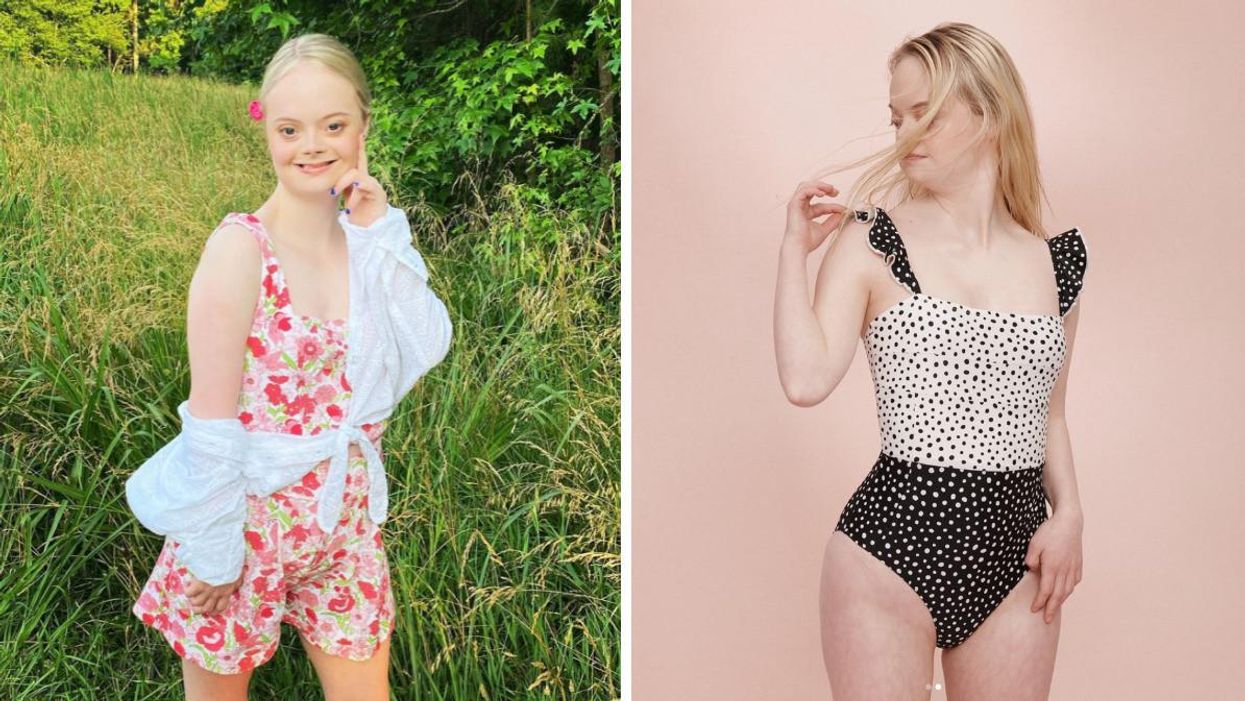 Actress Lily D. Moore poses in a floral romper in a field. Right: Lily D. Moore in a polka dot swimsuit.