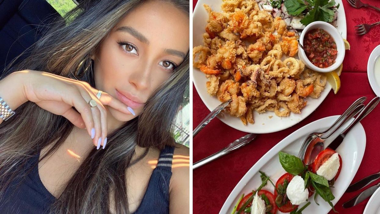 Actress Shay Mitchell. Right: Calamari and tomato on a table.
