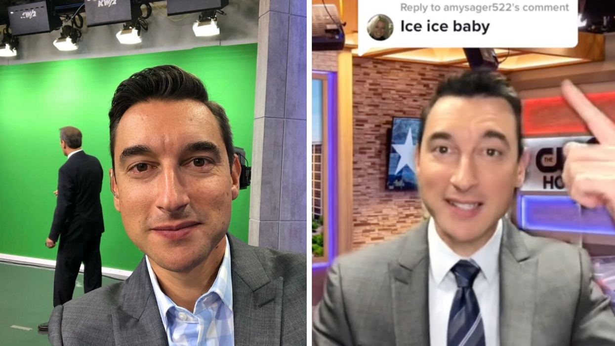 Adam Kreuger in front of a green screen. Right: Kreuger in a TikTok.