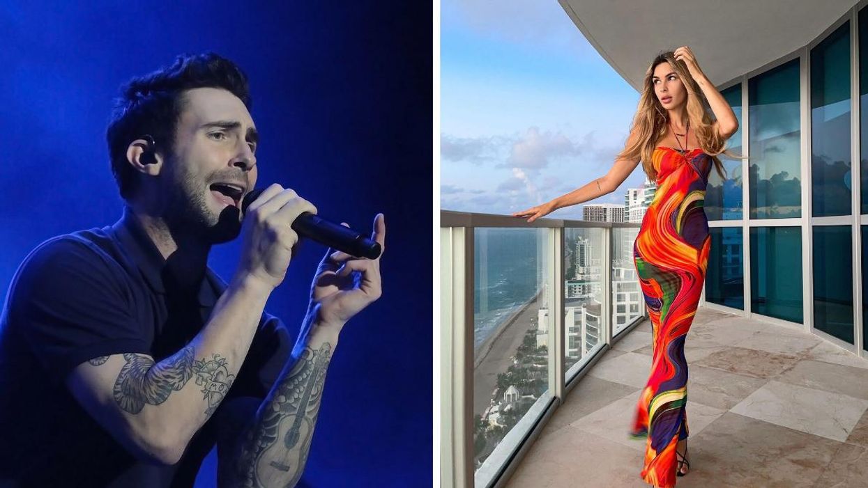 Adam Levine performs in Brazil in 2017. Right: Instagram model Elisabeth Rioux.