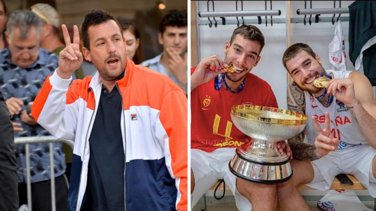 Adam Sandler flashing the peace sign. Right: Juancho and Willy Hernangómez
