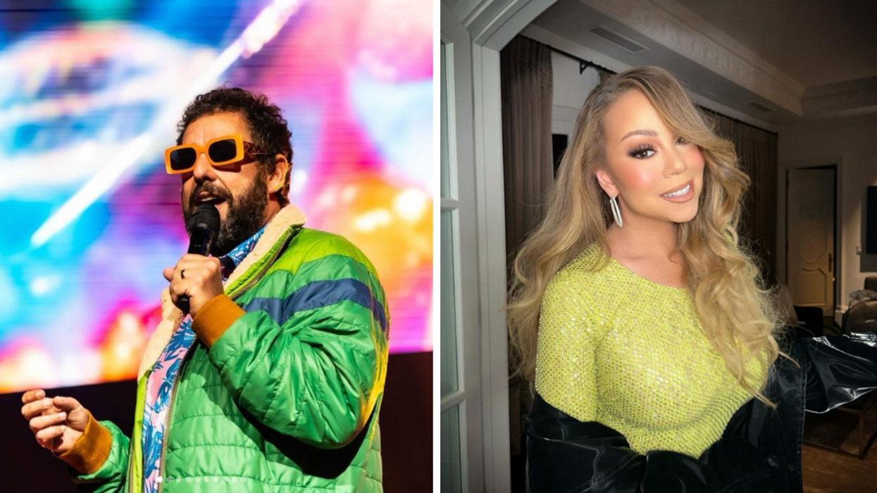 Adam Sandler. Right: Mariah Carey.