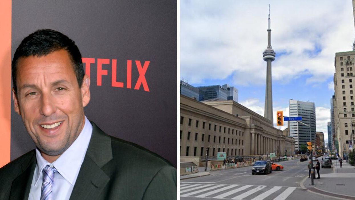 Adam Sandler. Right: The CN Tower in Toronto.