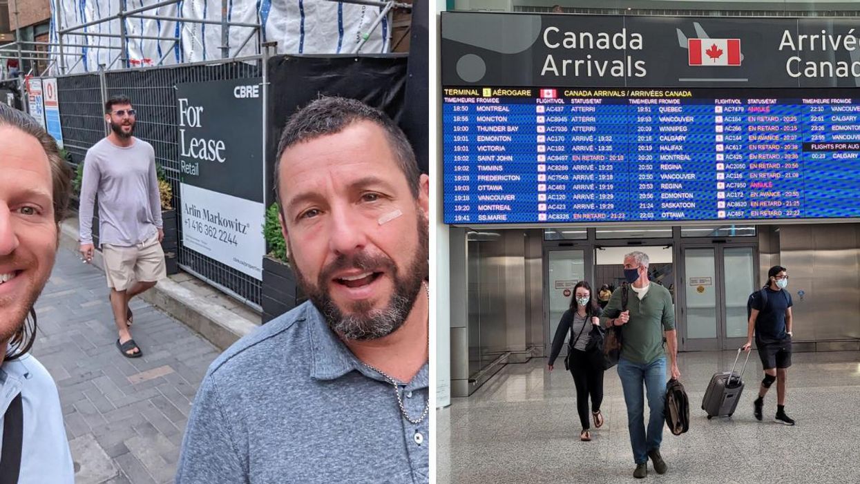 Adam Sandler with fan in Toronto. Right: Travellers at Pearson Airport walking in front of flight board.