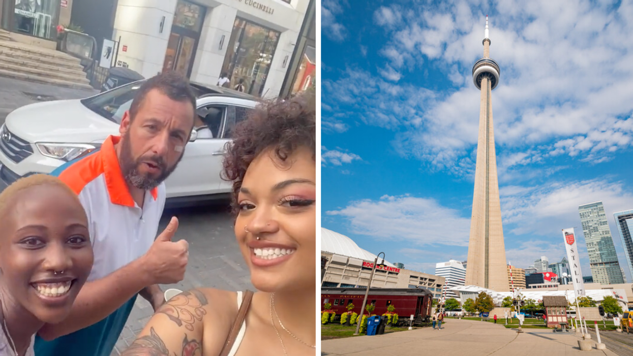 Adam Sandler with fans. Right: CN Tower.