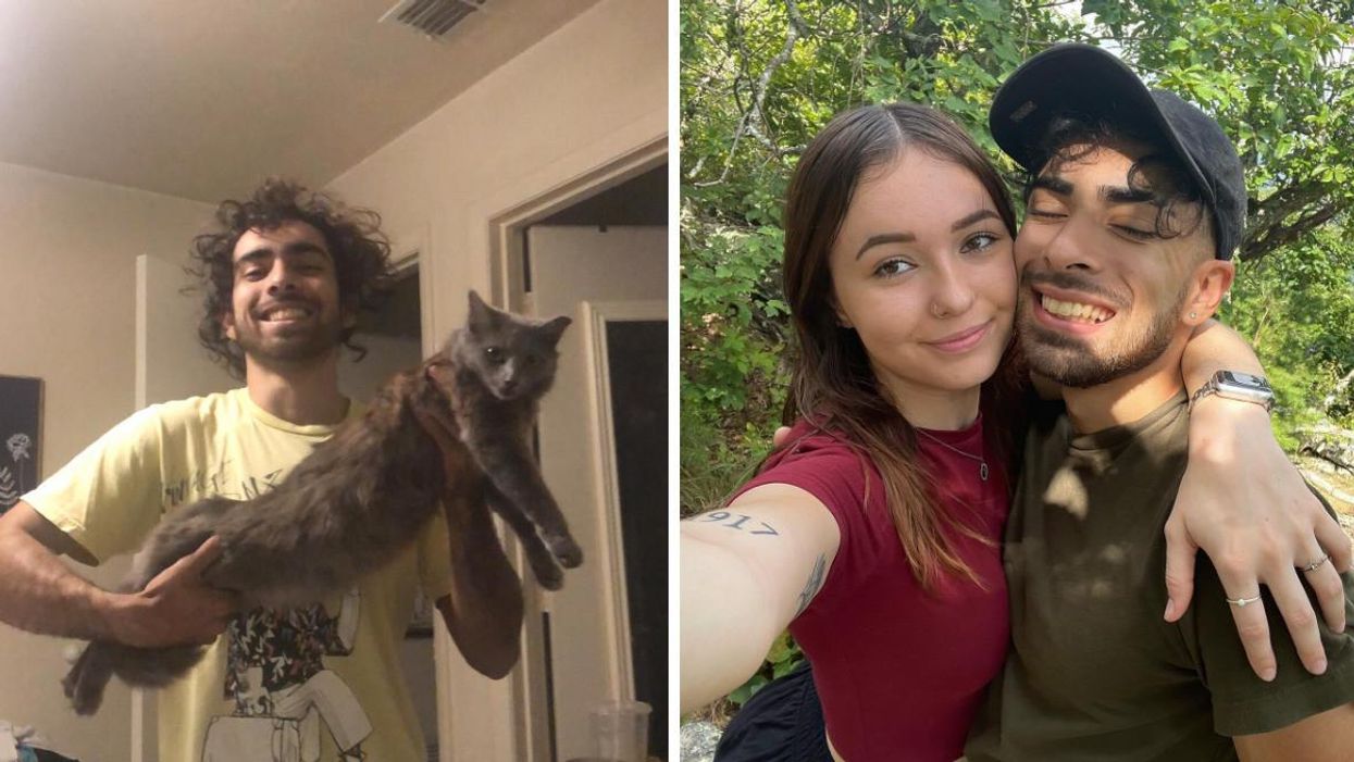 Adam Simjee with his cat. Right: Simjee with his girlfriend Mikayla Paulus.