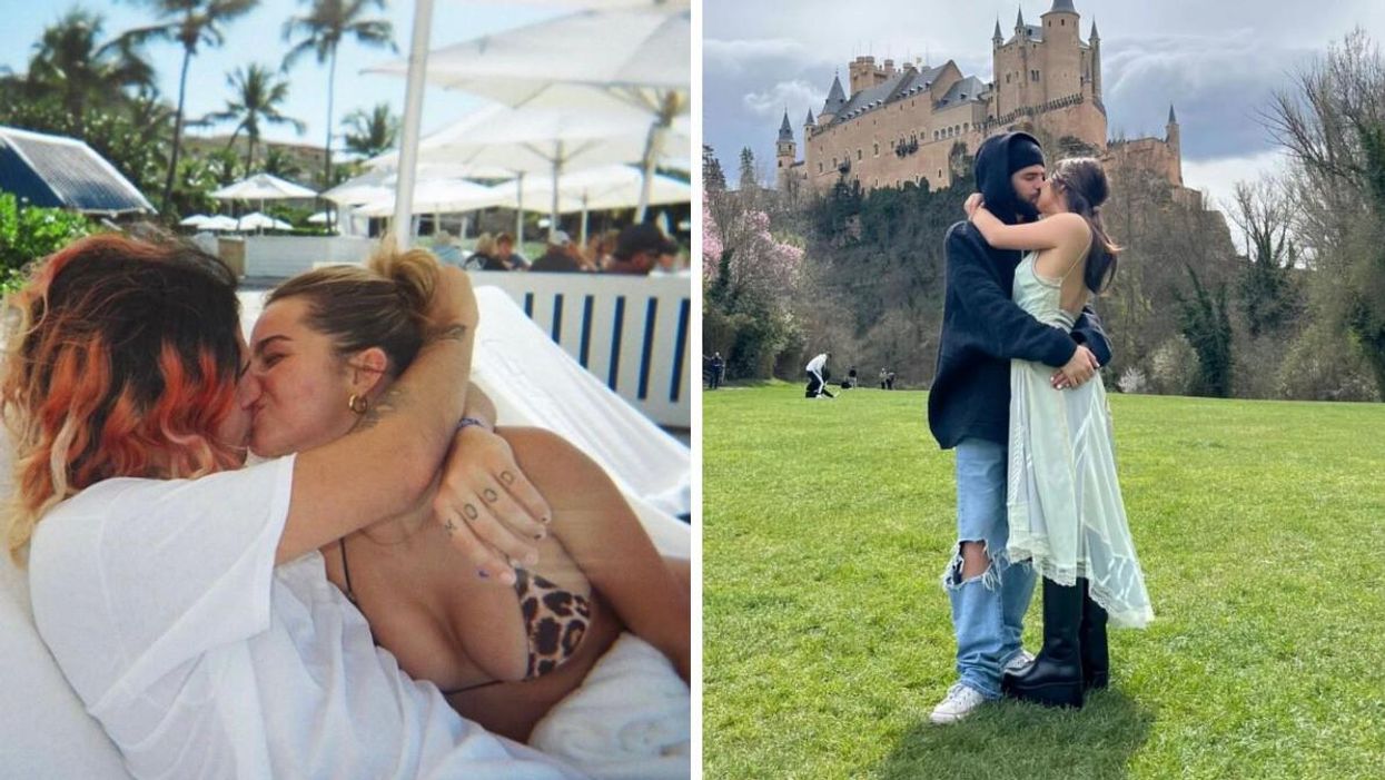 Addison and Omer kissing poolside. Right: Addison and Omer kiss outside a castle.