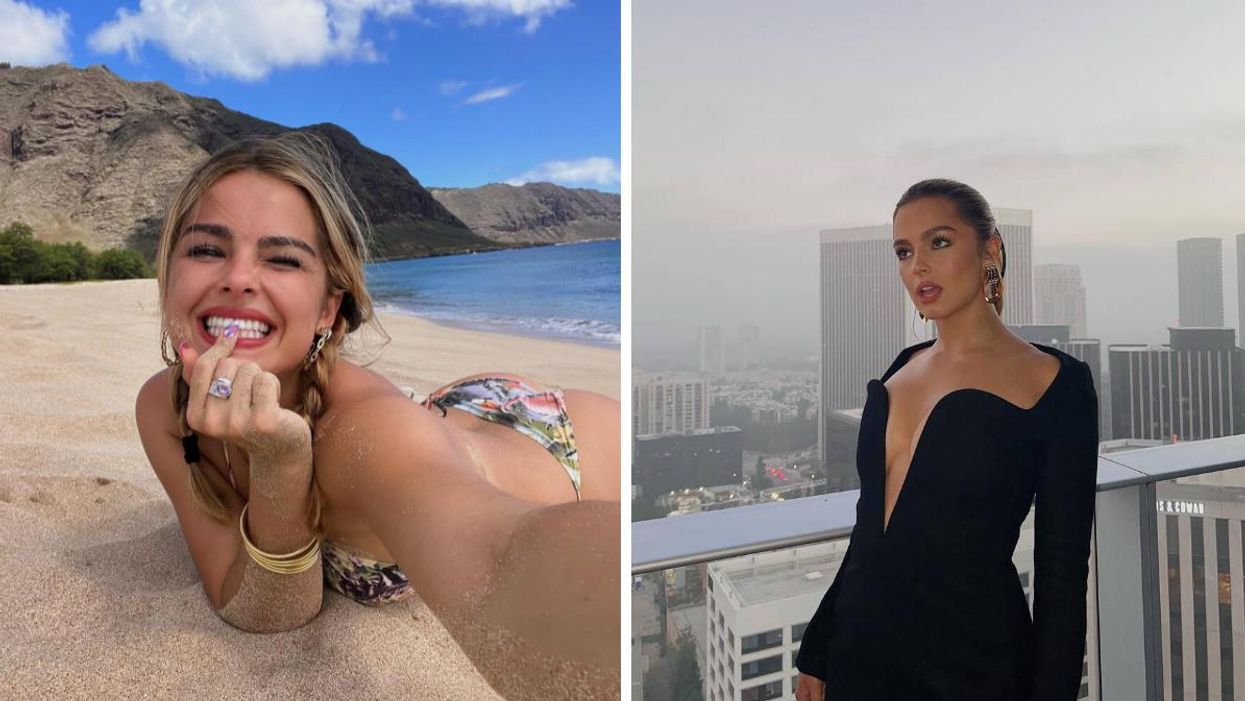 Addison Rae on a beach in a colorful bathing suit. Right: Addison Rae in front of skyscrapers in a black dress with a plunging neckline.