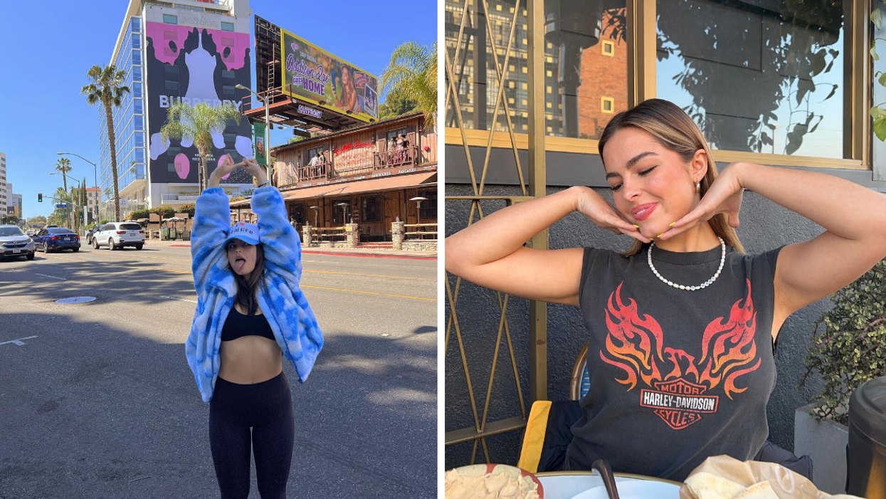Addison Rae posing in front of the 'Addison Rae Goes Homes' sign in California. Right: Addison Rae eating in Los Angeles.