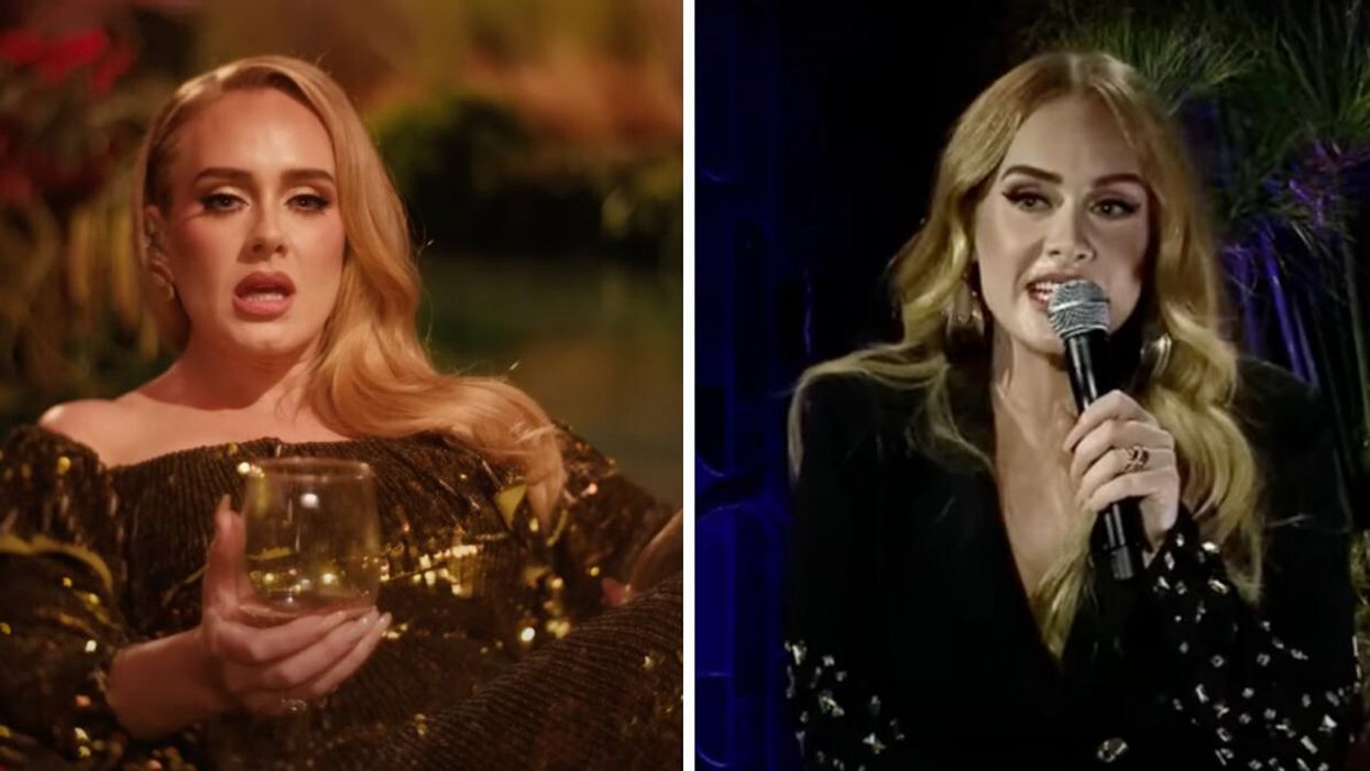 Adele in her "I Drink Wine" music video. Right: Adele at a Q&A in Los Angeles.
