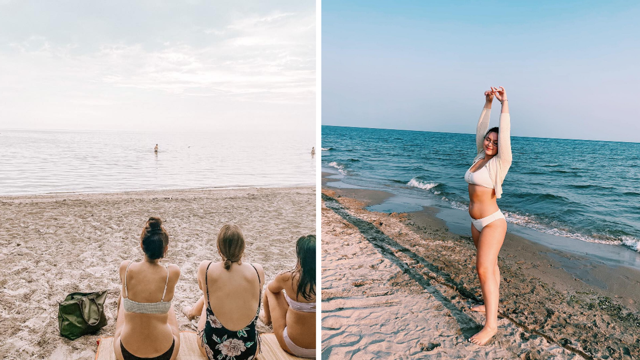 Admiring the water from Big Sandy Bay Beach. Right: Posing on the shores of Coburg Beach.