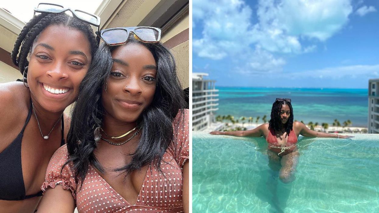 Adria and Simone Biles posing for a selfie. Right: Adria Biles poses in a pool.