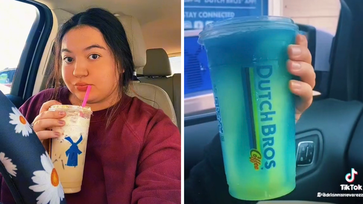 Adrianna in a maroon shirt drinking a coffee from Dutch Bros. Right: A blue and green drink from Dutch Bros.