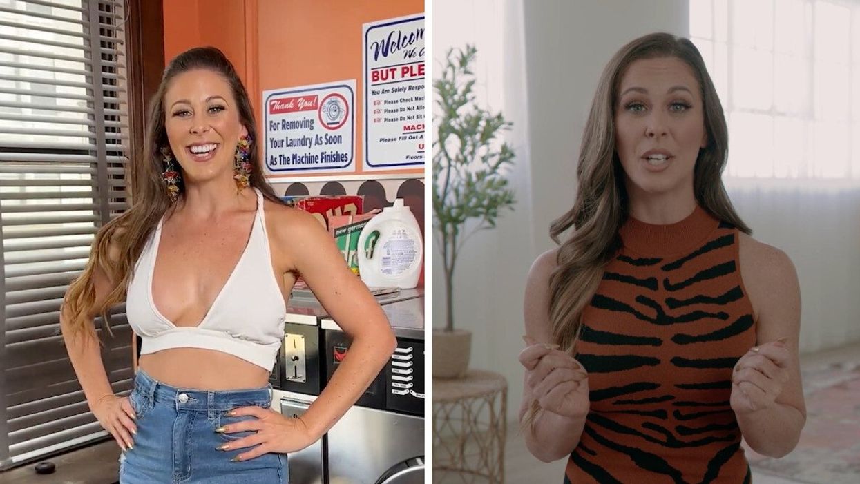 Adult performer Cherie DeVille. Right: Cherie DeVille delivering a Pornhub statement about a new Utah law.