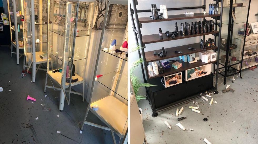 Adult toy display cases after being ransacked during the June 30 burglary. Right: Shelves of lubrication disheveled following the June 30 burglary.