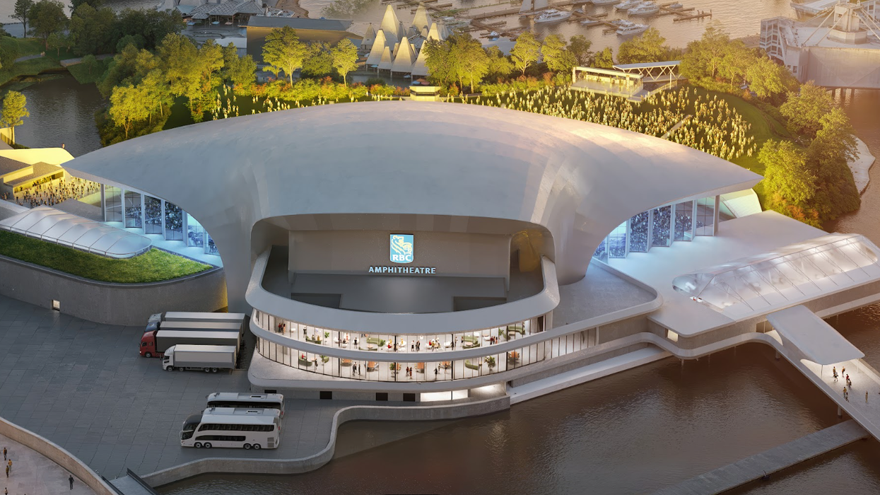 Aerial rendering of the RBC Amphitheatre in Toronto surrounded by water and greenery.