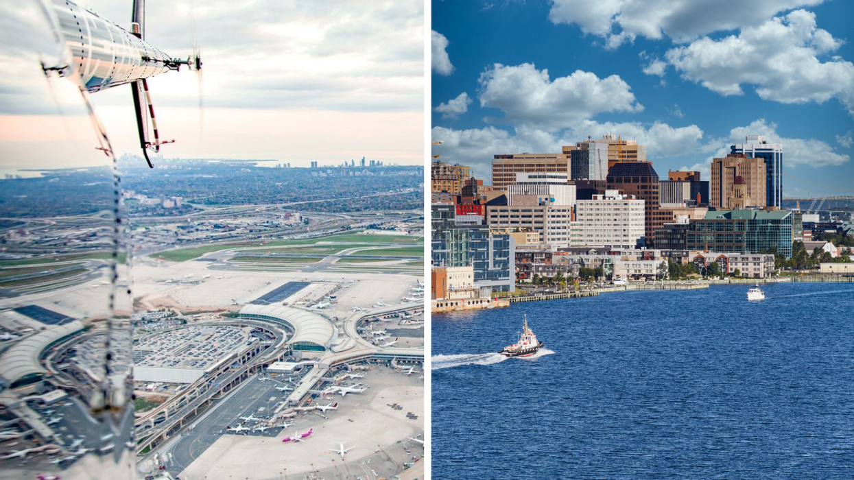 Aerial shot of Toronto Pearson Airport. Right: Halifax skyline.