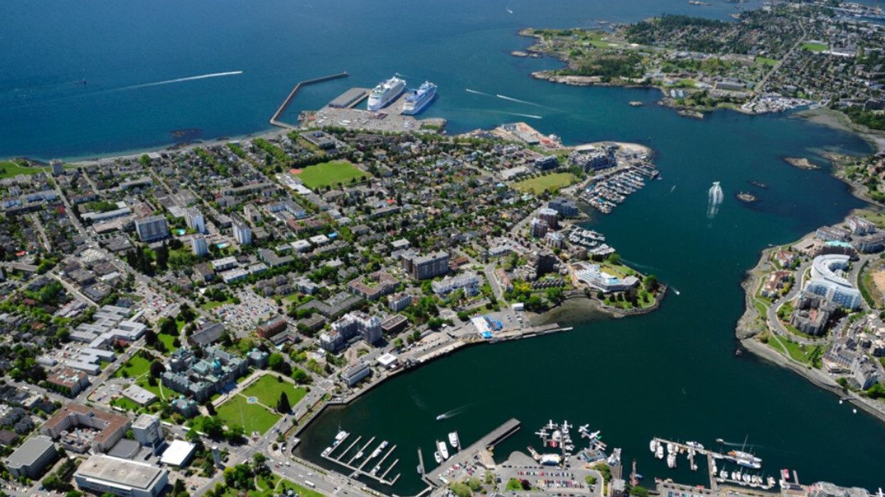 Aerial view of a city by the water.