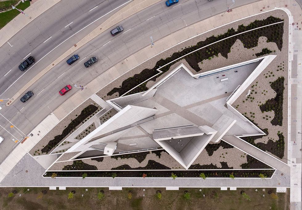Aerial view of a concrete structure in the shape of a six-pointed star.