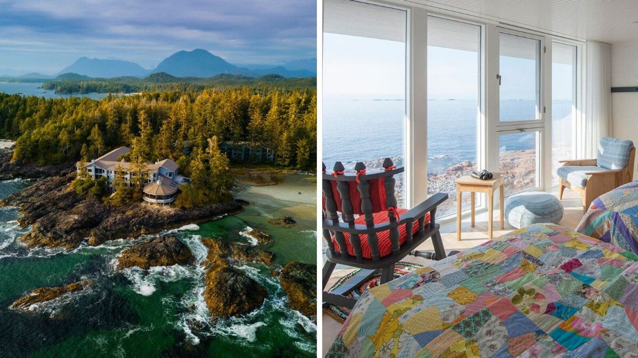 Aerial view of a hotel on a rocky beach. Right: Interior of a hotel room with a view of the ocean.