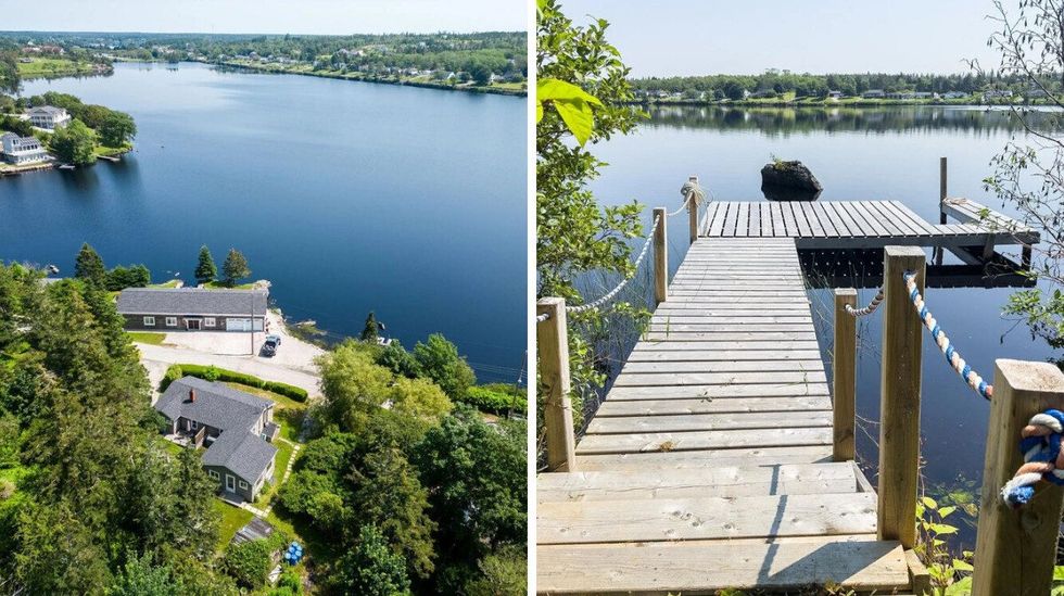 Aerial view of a house for sale in Nova Scotia on the water. Right: Dock that leads into that lake.
