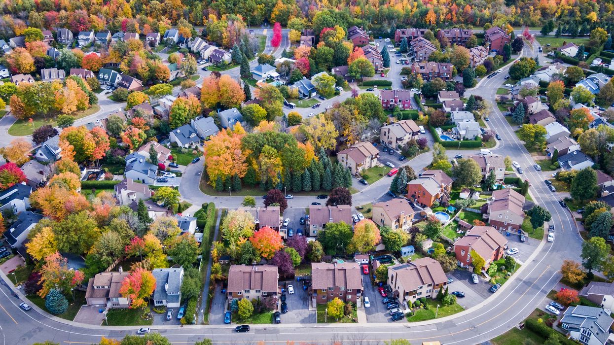 Aerial view of a residential neighbourhood in Canada in the fall.