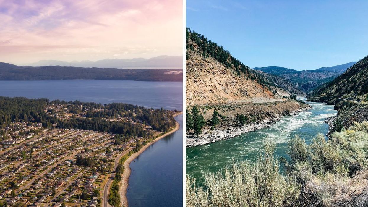 Aerial view of a small town in B.C. Right: Cache Creek in B.C..