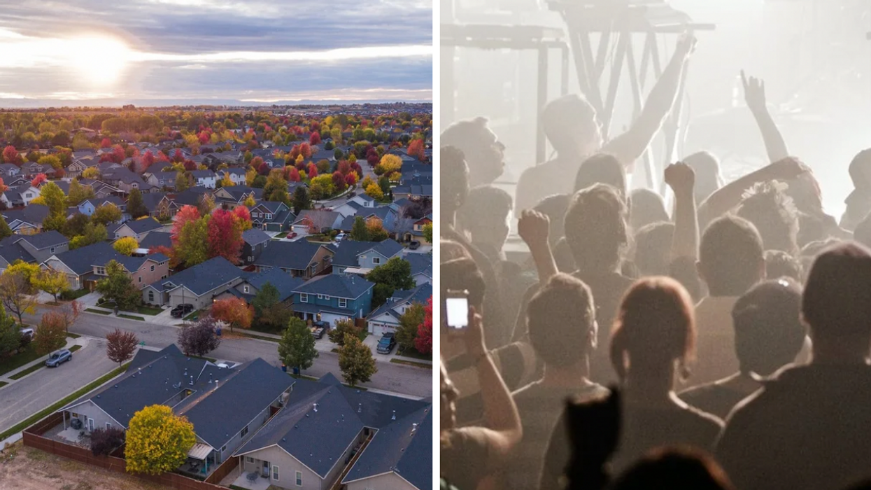 Aerial view of a suburb. Right: A crowd gathers in front of a stage during a concert in Montreal.