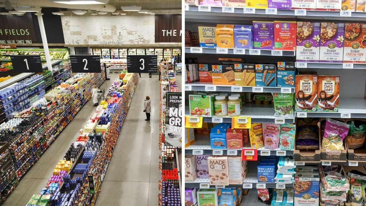 aerial view of aisles at a grocery store in canada. right: products on shelves at a grocery store