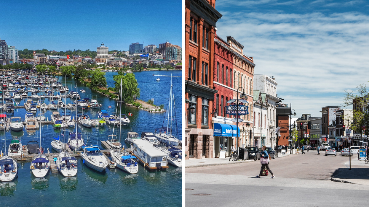 Aerial view of Barrie. Right: Downtown Kingston.