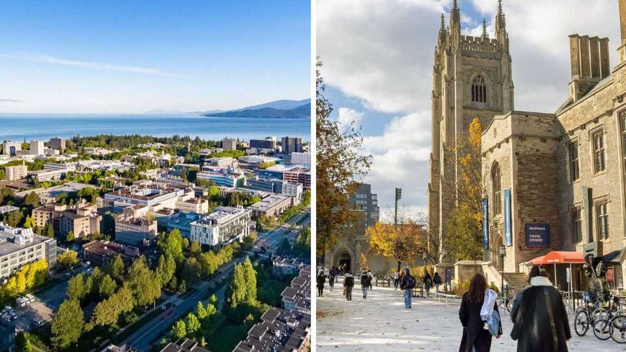 aerial view of buildings on university of british columbia campus with ocean in the background. right: people walking on path beside buildings on university of toronto campus
