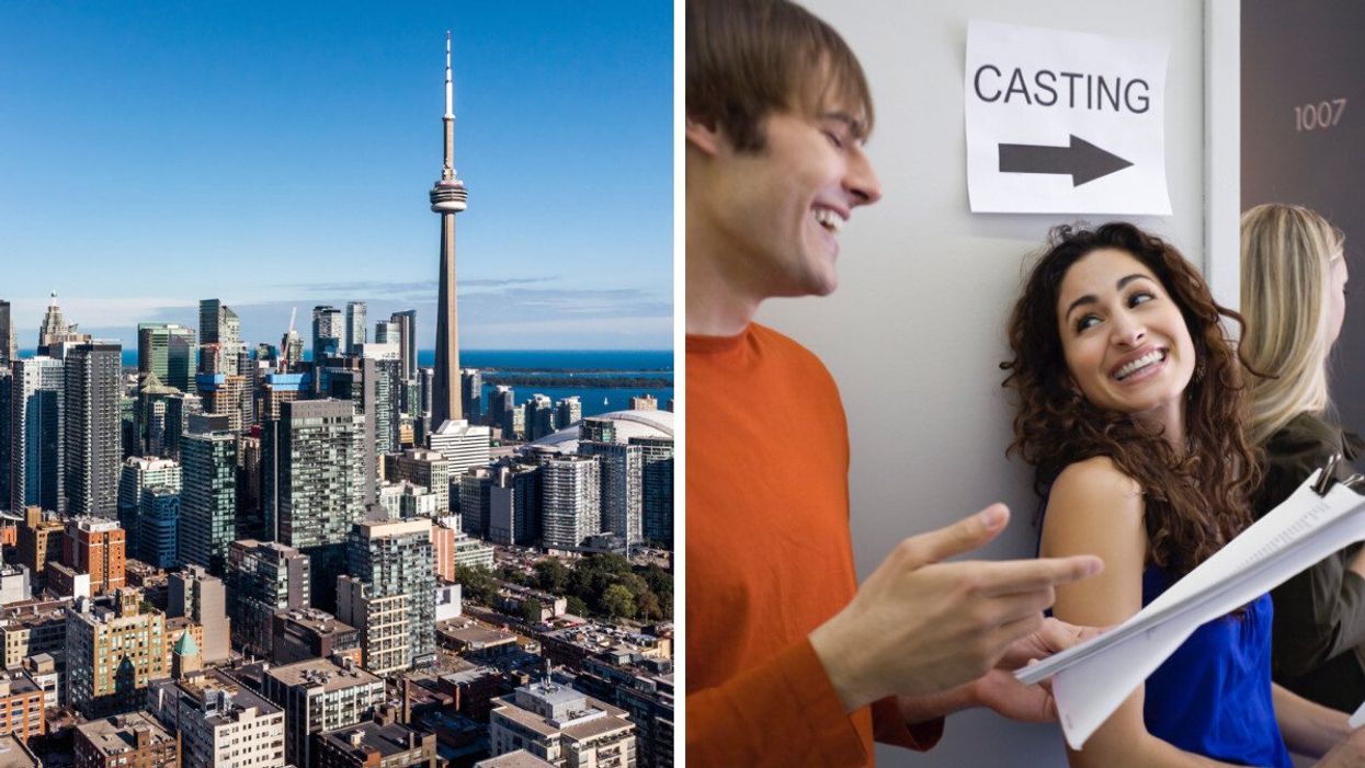 Aerial view of downtown Toronto during summer. Right: Three people in line at casting call.
