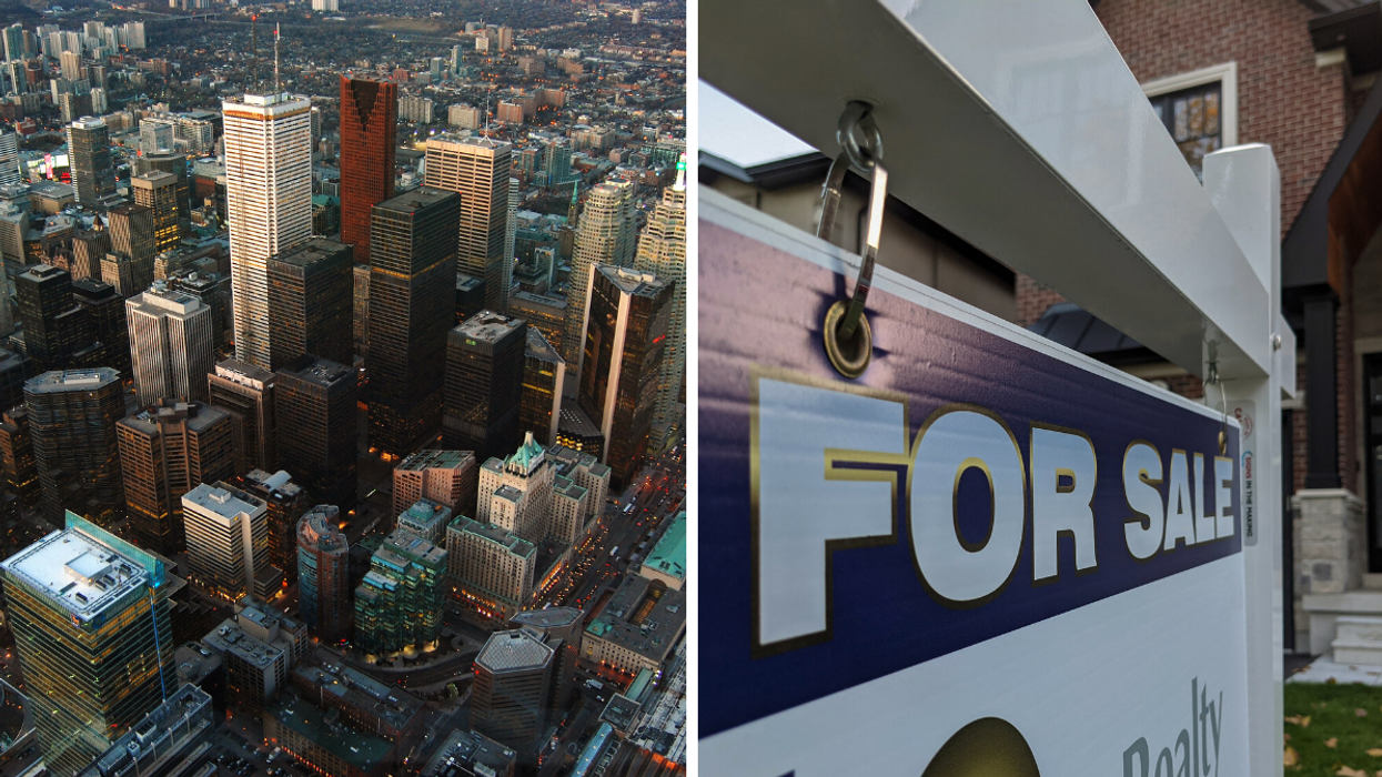 Aerial view of downtown Toronto. Right: For sale sign in front of a home.