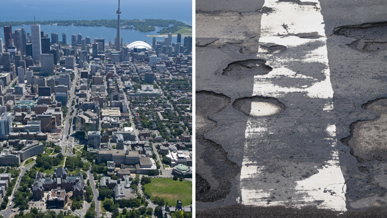 Aerial view of downtown Toronto. Right: Tons of potholes on a road.