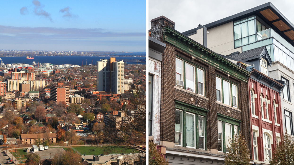 Aerial view of Hamilton. Right: A row of brick buildings in Hamilton.