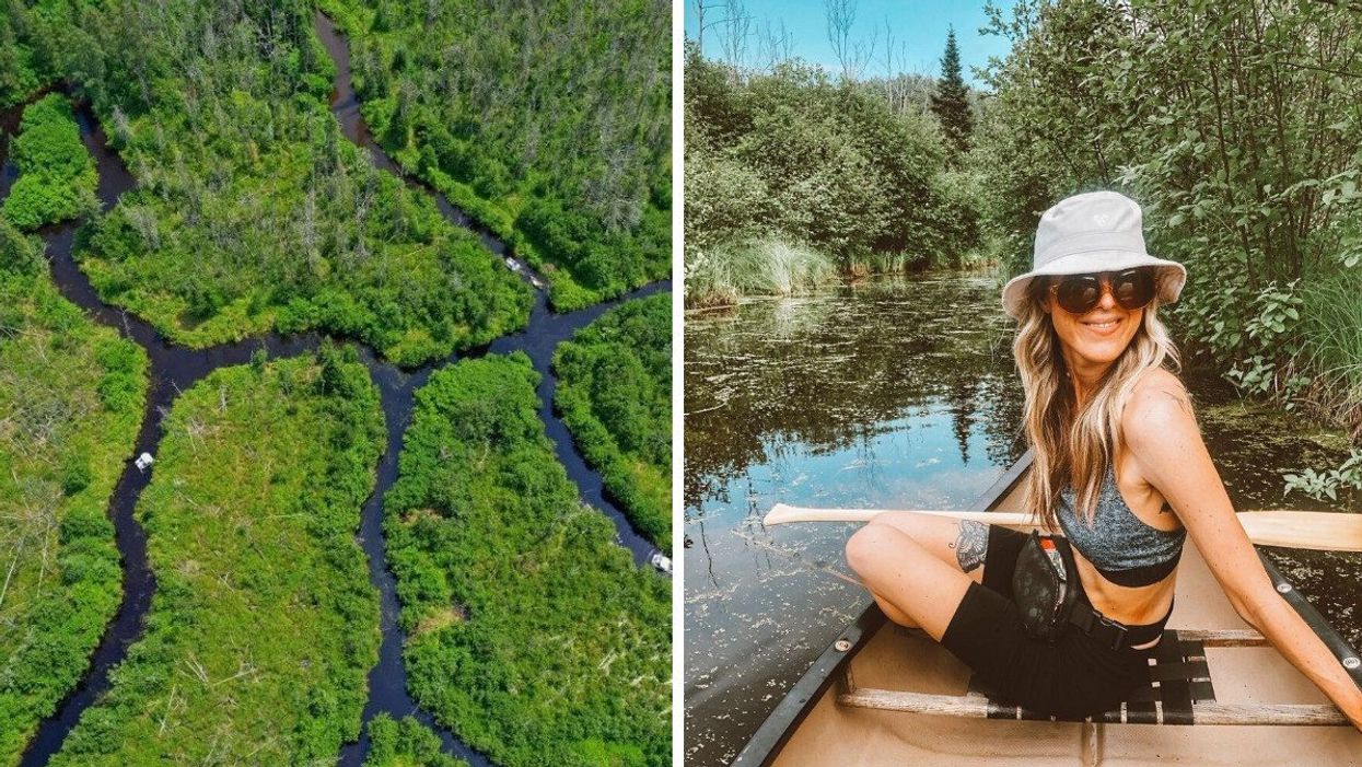 Aerial view of intersecting water trails carving through green marshland. Right: Someone in a canoe in a narrow stream.