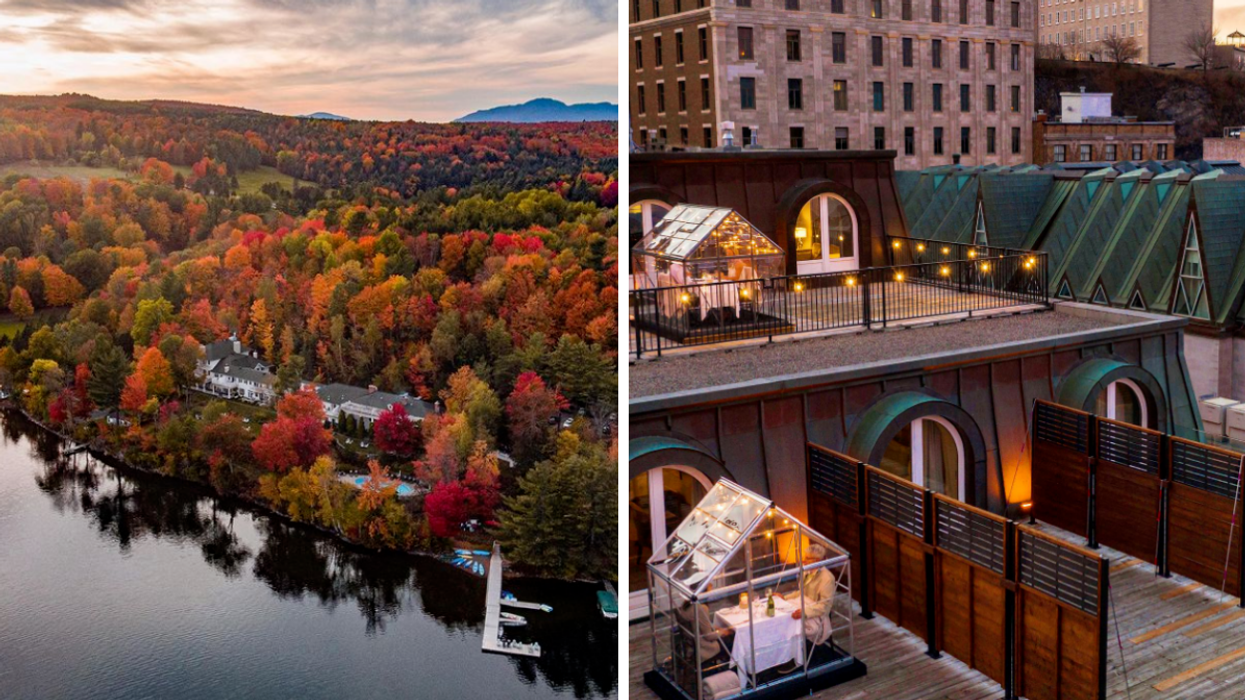 Aerial view of Manoir Hovey. Right: dining at Auberge Saint-Antoine.