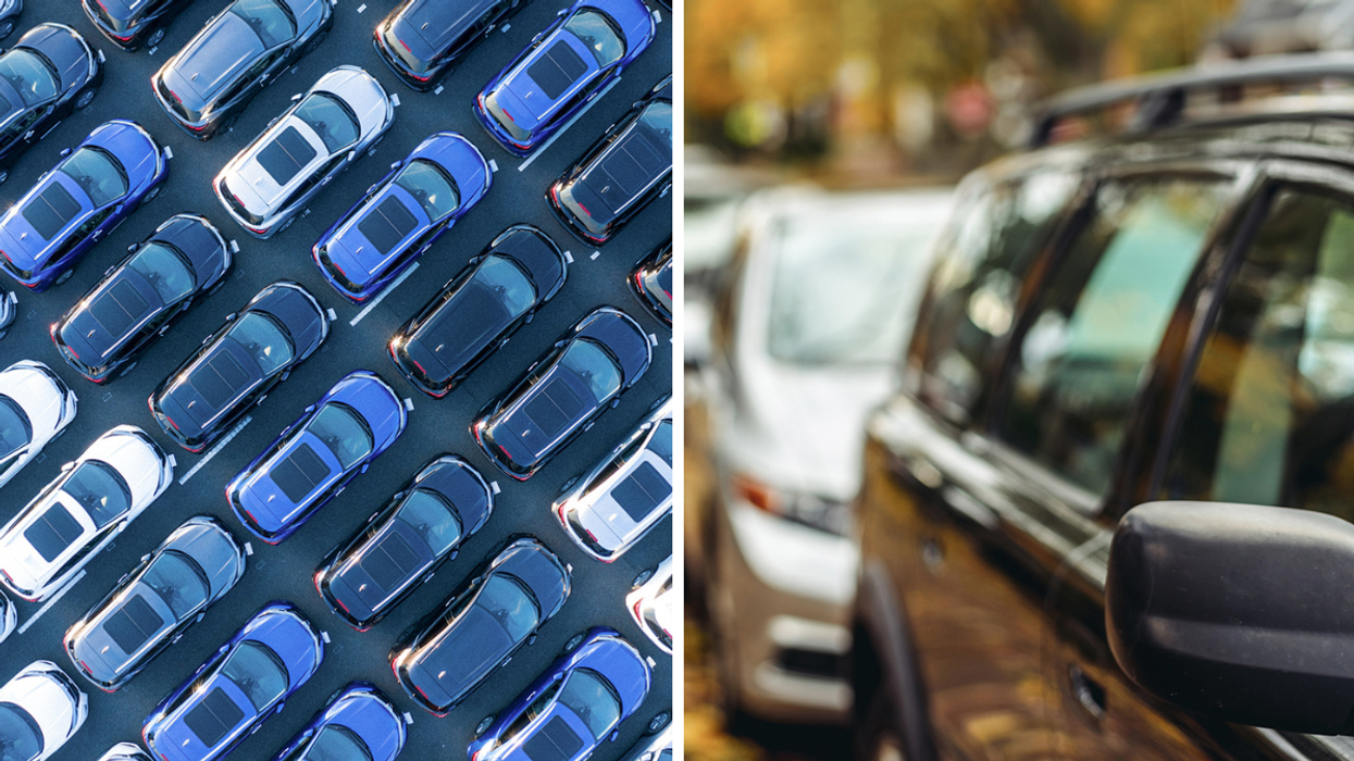 Aerial view of parked cars. Right: Cars parked on city street