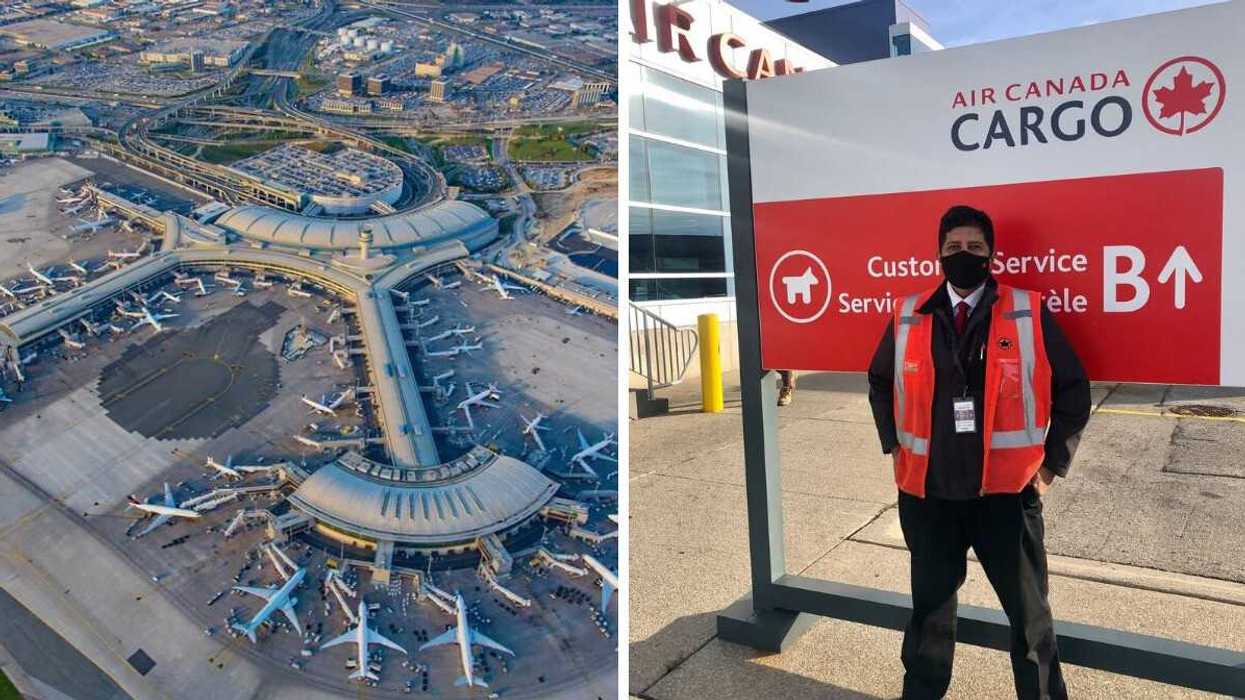 aerial view of planes and terminals at toronto pearson international airport. right: air canada employee in front of an air canada sign