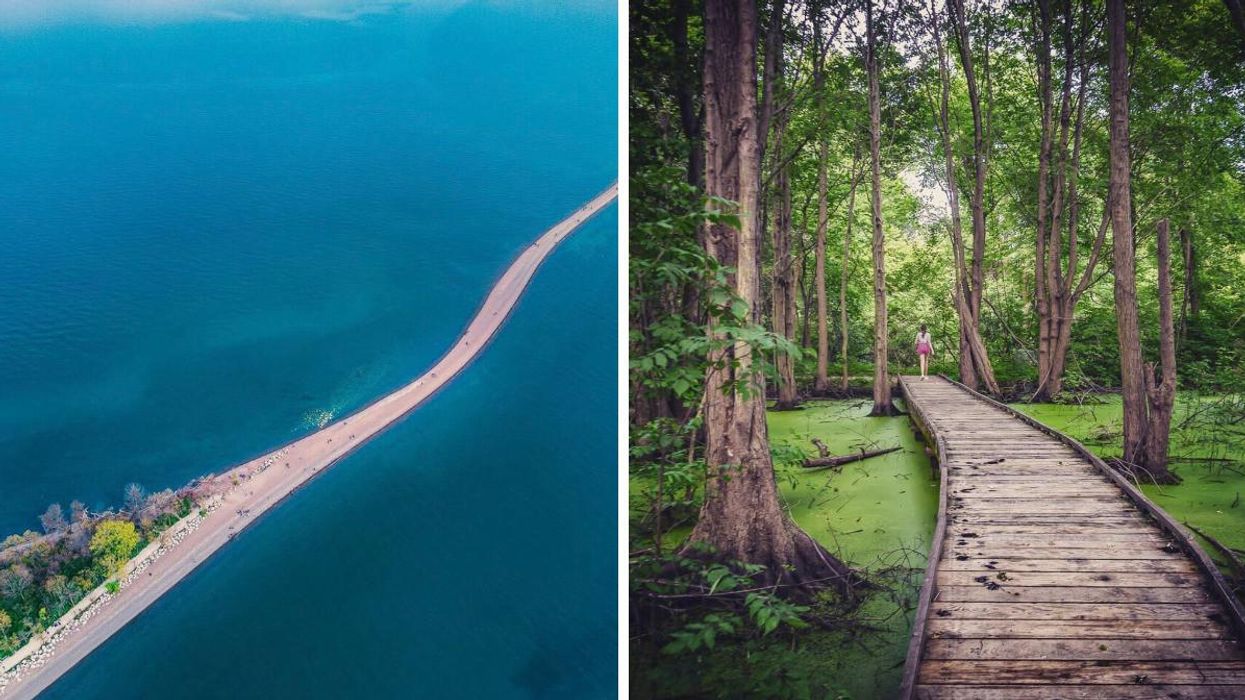 Aerial view of Point Pelee National Park in Leamington, Ontario. Right: Boardwalk of Point Pelee.