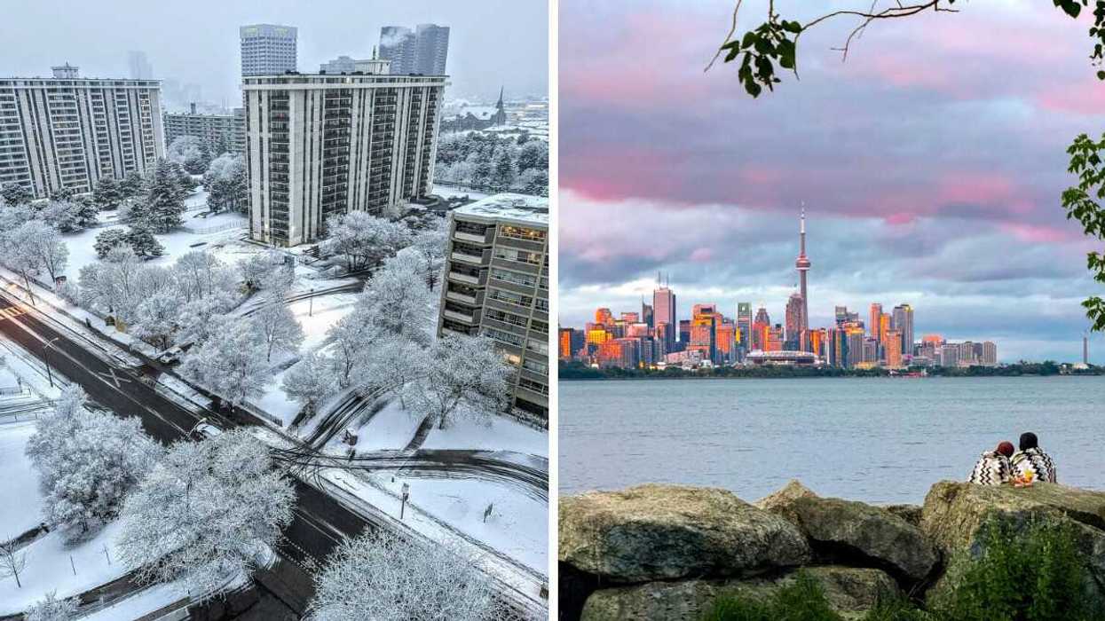 aerial view of snow covered trees and buildings in ontario city. right: toronto skyline along lake ontario at sunset
