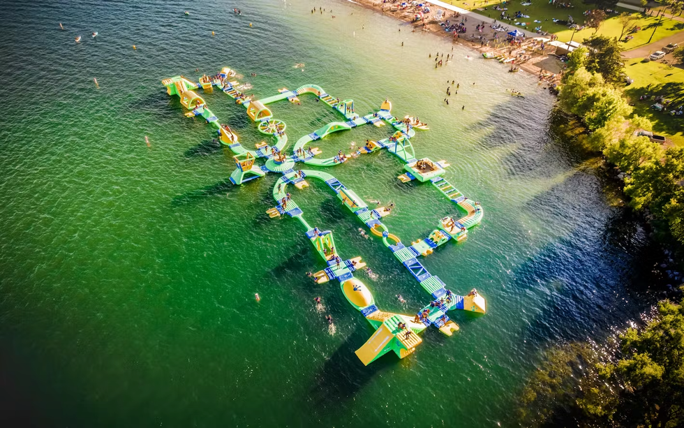 Aerial view of Splash ON water park floating on Lake Simcoe.