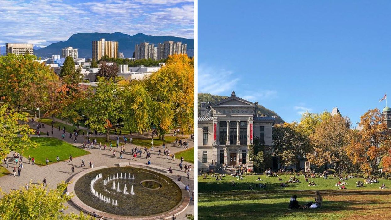 Aerial view of students on campus at the University of B.C. Right: Students sitting on a lawn outside of a McGill University building.