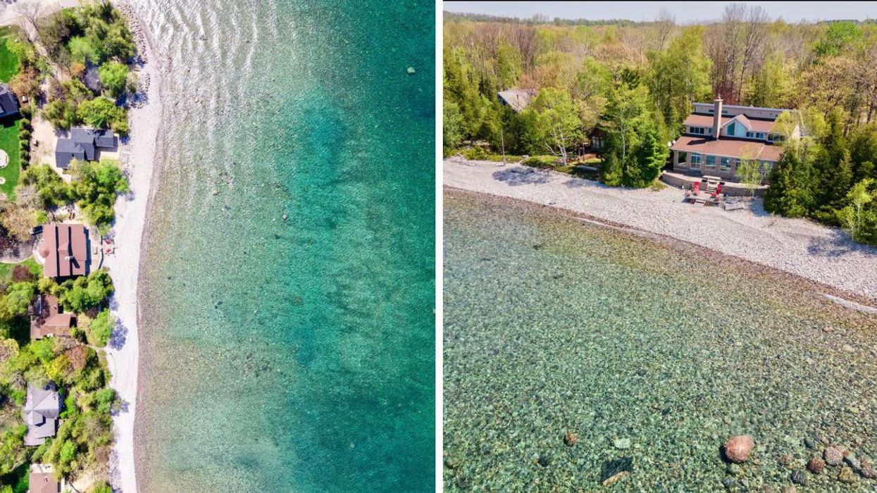 Aerial view of the Airbnb in Penetanguishene, Ontario. Right: View of the water, the beachfront, and the back of the Airbnb.