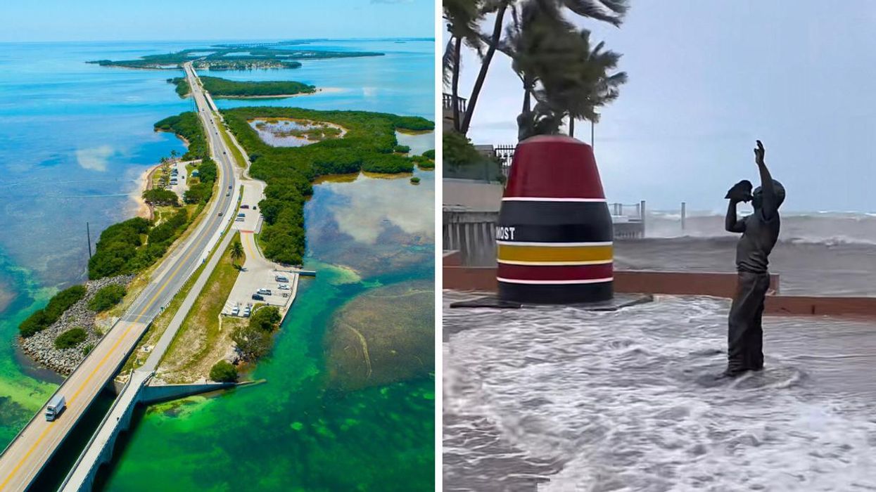 Aerial view of the Florida Keys. Right: Flooding in Key West, FL, due to the passing of Hurricane Ian.