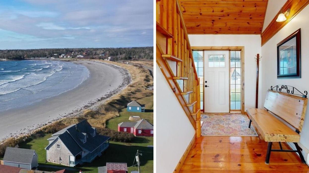 Aerial view of the house for sale in Nova Scotia along with the beach and the ocean. Right: Foyer of the house for sale.