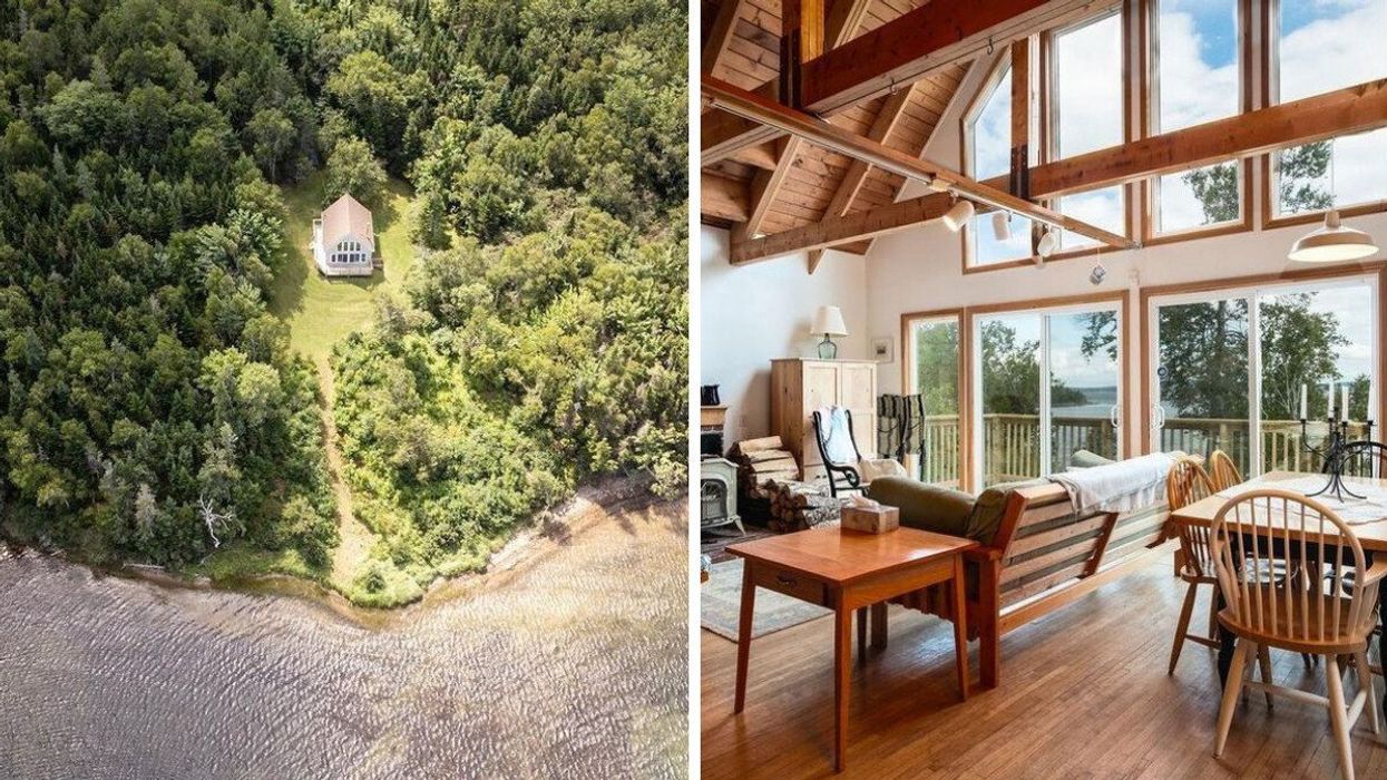 Aerial view of the house for sale in Nova Scotia. Right: Living room in the waterfront house for sale that has lake views.